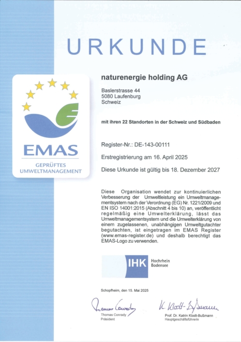 Urkunde EMAS – geprüftes Umweltmanagement